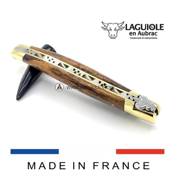 Laguiole knife, Vinestock handle, 12 cm, forged bee and spring, brass bolsters