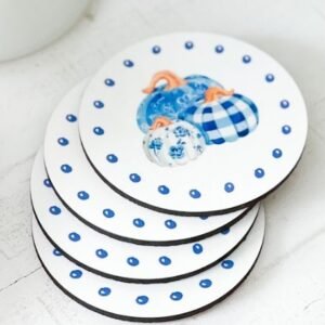 PRE-ORDER BLUE AND WHITE PUMPKIN CORK BACK COASTERS (SET OF 4)